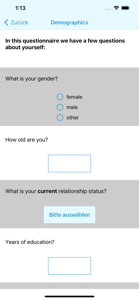 ESMira - ESMira Mobile App Demografie-Umfrage-Oberfläche für Forschungsteilnehmer