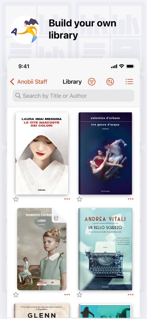 Anobii™ - Anobii mobile app interface showing a digital library with book covers and a search bar under the heading Build your own library