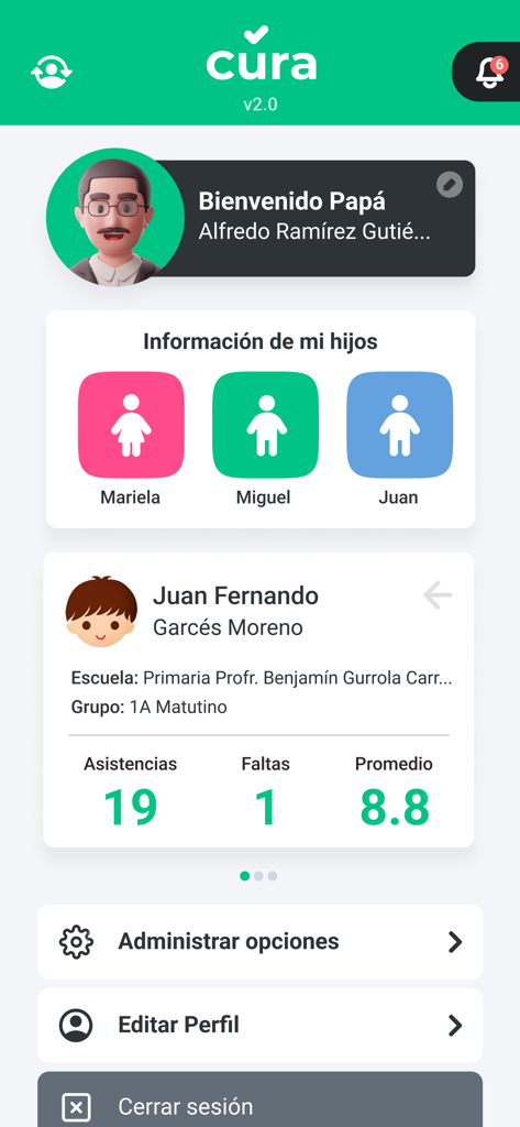 Panel de control de la aplicación Cura para padres que muestra perfiles de estudiantes, asistencia y calificaciones promedio en español.