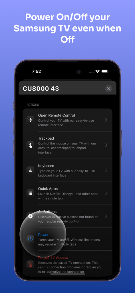Easy Remote: Remote Control TV - Interfaz de la aplicación Easy Remote resaltando la función de encendido y apagado de un televisor Samsung