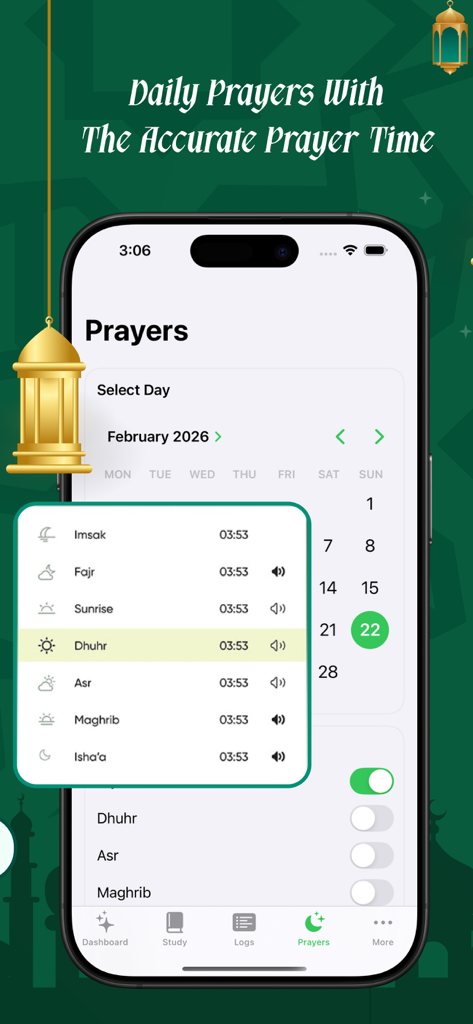 Interface of Muslim Life Qibla app showing daily prayer times and a calendar view