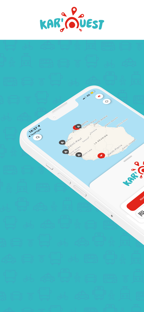 Ein Smartphone, das die KAR OUEST Nahverkehrs-App mit einer Karte von Réunion anzeigt