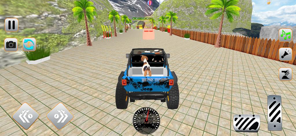 Xtreme Thrill Rock Jeep Run - Um Jeep azul dirigindo em uma pista pavimentada com palmeiras e montanhas em um jogo de simulação offroad.