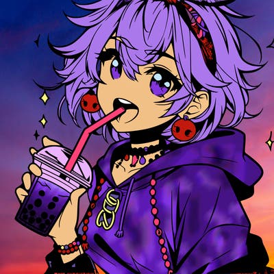 hot baddie anime girl drinking boba and biting the straw