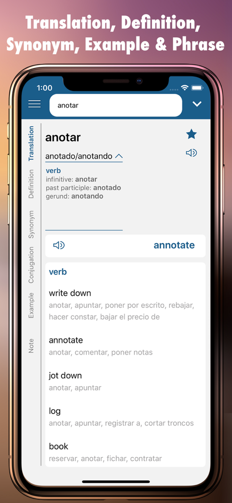 Spanish Plus Dict & Translator - Spanish Plus app interface showing the translation and definition for the word anotar