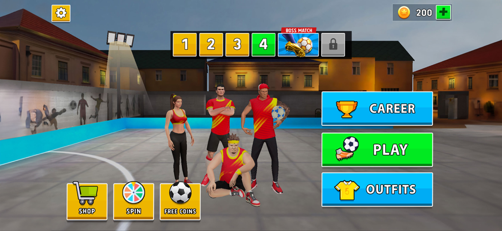 Street Soccer - Futsal 2026 - Main menu screen of Street Soccer Futsal 2026 featuring a soccer team and options for Career Play and Outfits