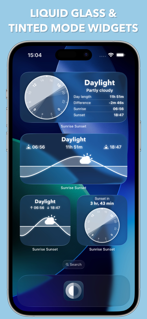 Sunrise Sunset Widget - Tela de início do iPhone exibindo vários widgets de nascer e pôr do sol nos modos vidro líquido e colorido