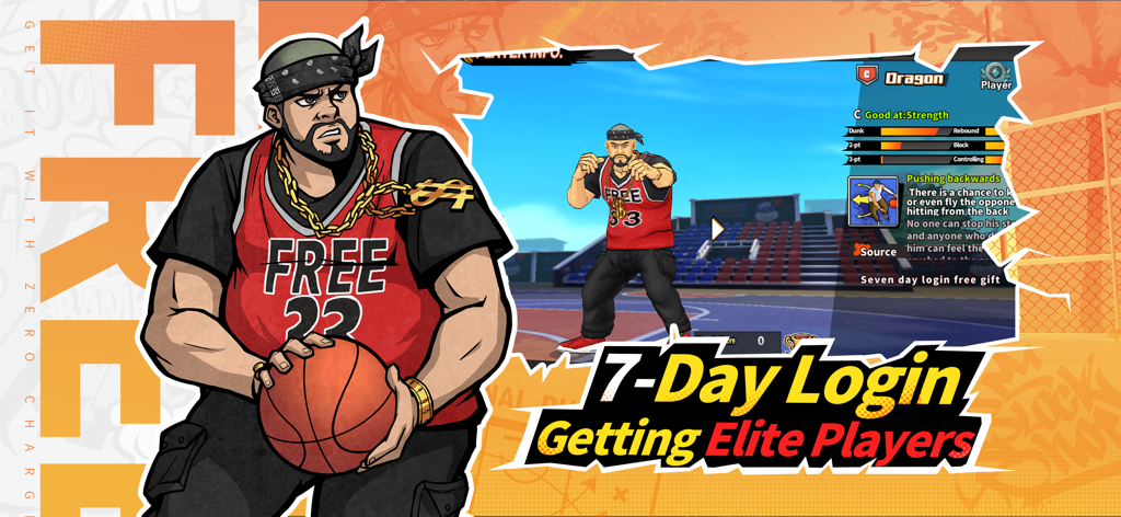 Freestyle Dunker game screenshot featuring an elite basketball player named Dragon and a 7-day login promotion