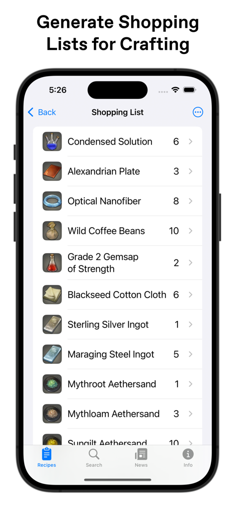 XIV Helper - Interfaz de la aplicación XIV Helper mostrando una lista de compras generada para materiales de artesanía de FFXIV con cantidades