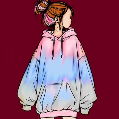 realistic girl with a oversized sweatshirt on and a bun