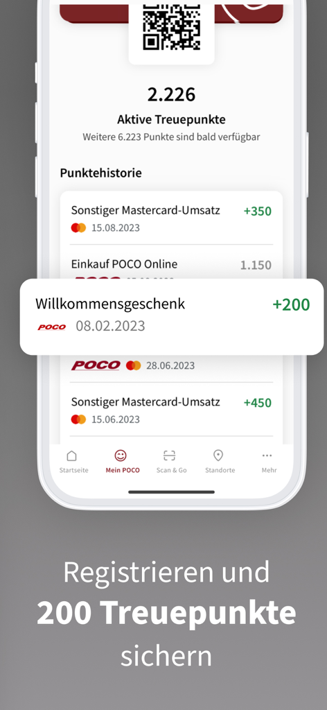 POCO I Möbel, Deko & Prospekte - Smartphone screen of the POCO app showing active loyalty points and a welcome gift for registering.
