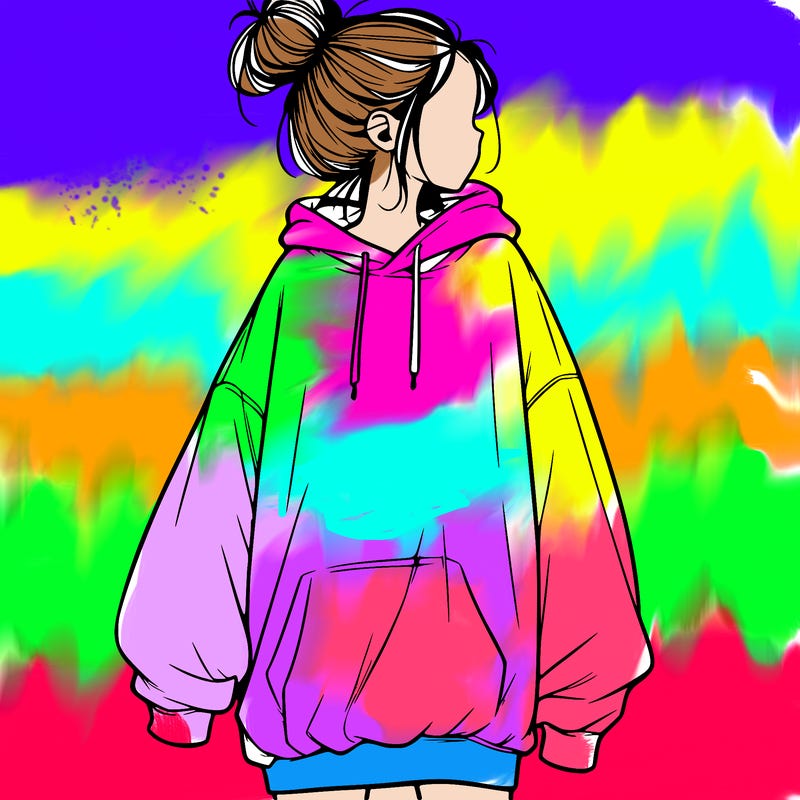 realistic girl with a oversized sweatshirt on and a bun