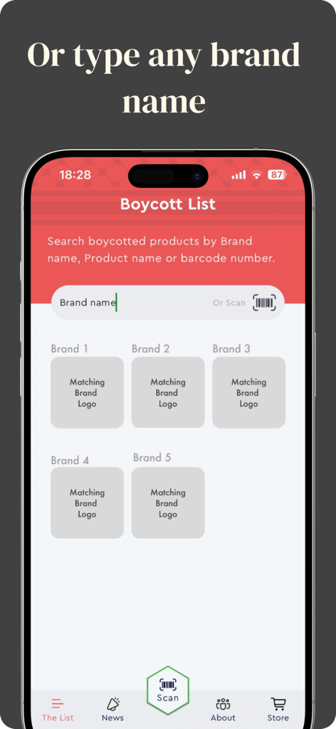 Interfaz de búsqueda de la app No Thanks para encontrar productos y marcas boicoteados por nombre o código de barras