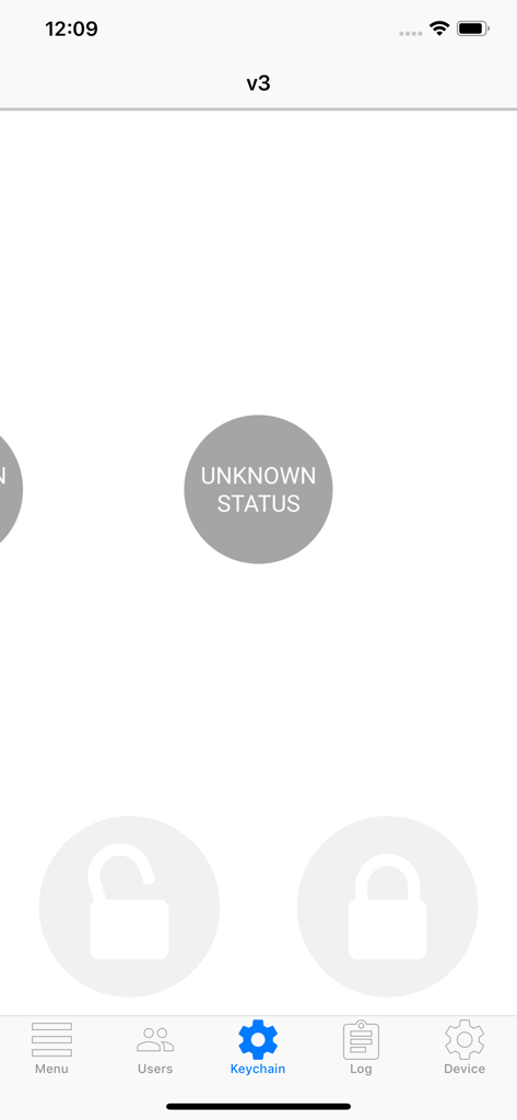 Danalock Classic - Danalock Classic app keychain screen with lock and unlock icons and unknown status message