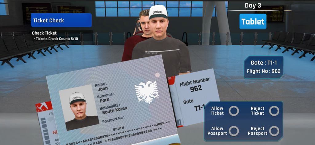 Cabin Crew Simulator - Gameplay screen of Cabin Crew Simulator showing passport and ticket verification at the airport gate