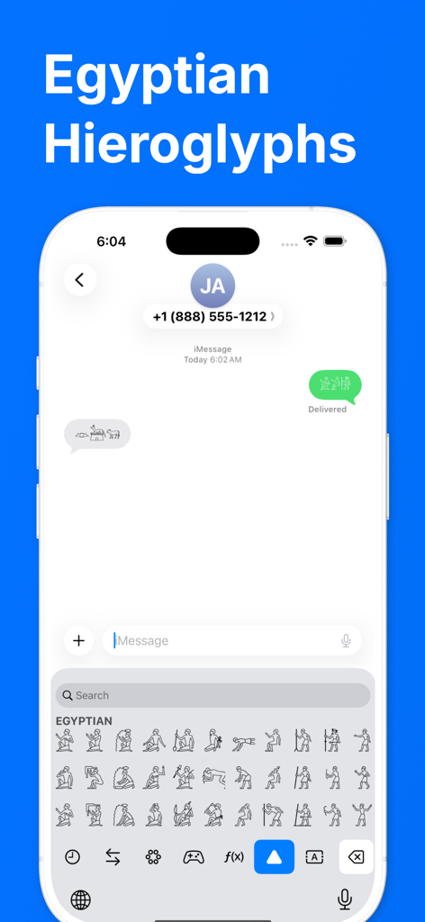 A mobile screen showing Egyptian hieroglyphs on the Uniboard keyboard during an iMessage chat.