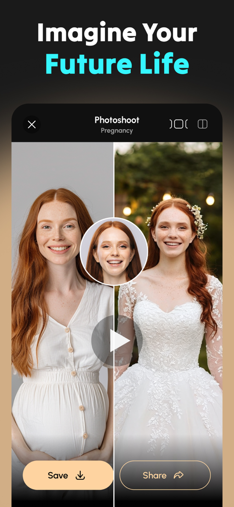 Split screen showing AI generated pregnancy and wedding photos of a woman