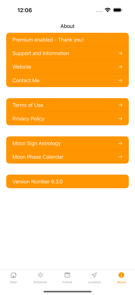 About page of the Sunrise Sunset Times app showing settings and information links