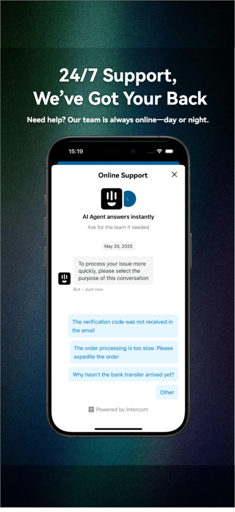 CardBase X app 24/7 online support chat interface with AI agent