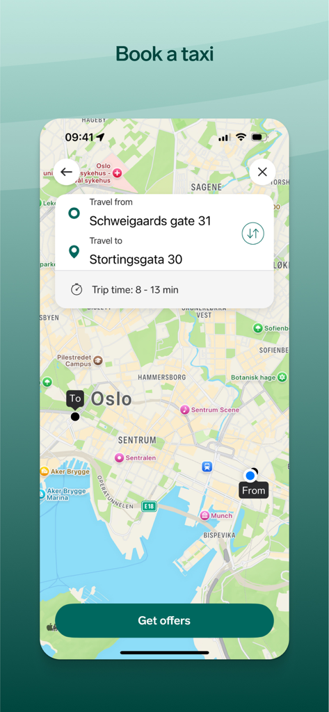 Vy - Interfaz de la aplicación Vy que muestra la reserva de taxis en un mapa de Oslo, Noruega