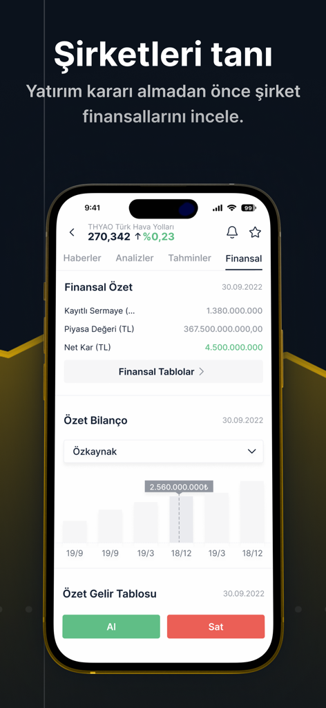 ForInvest: Piyasa Analizi - ForInvest app interface displaying company financial summaries and balance sheets