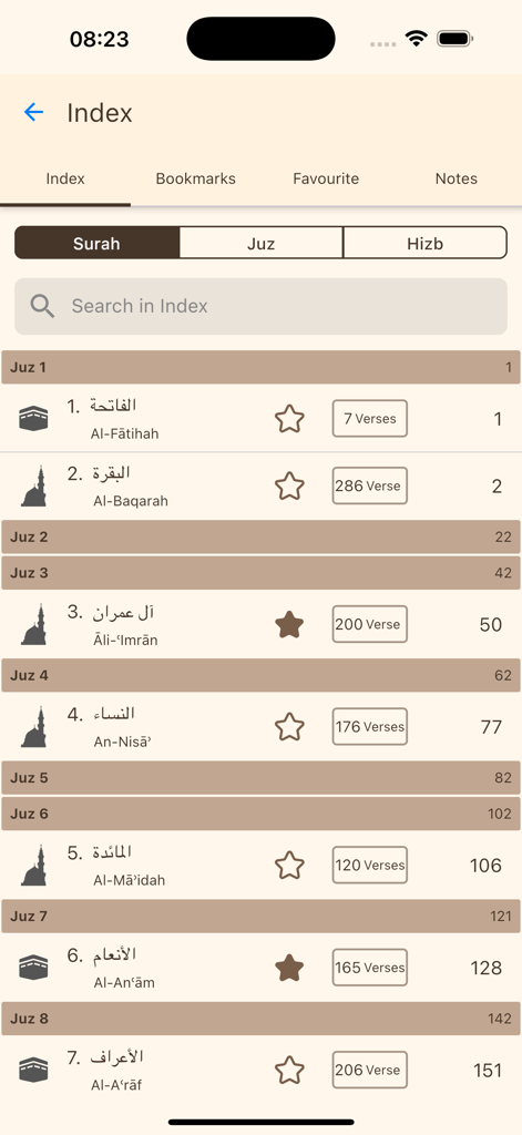 Mushaf - Mushaf Quran app index showing surah list with search and navigation tabs