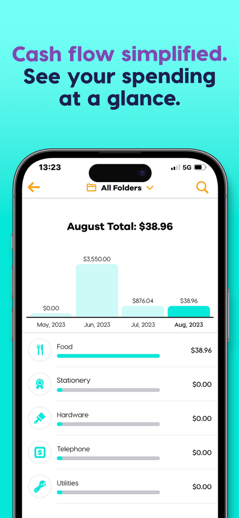 Crunchr – Receipt Saver App - Crunchr app interface displaying a monthly spending bar chart and expense categories.