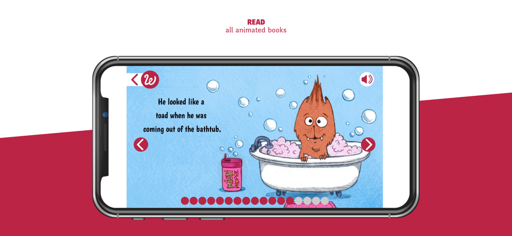 Une histoire pour enfants animée mettant en scène un monstre dans une baignoire affichée sur un écran de smartphone