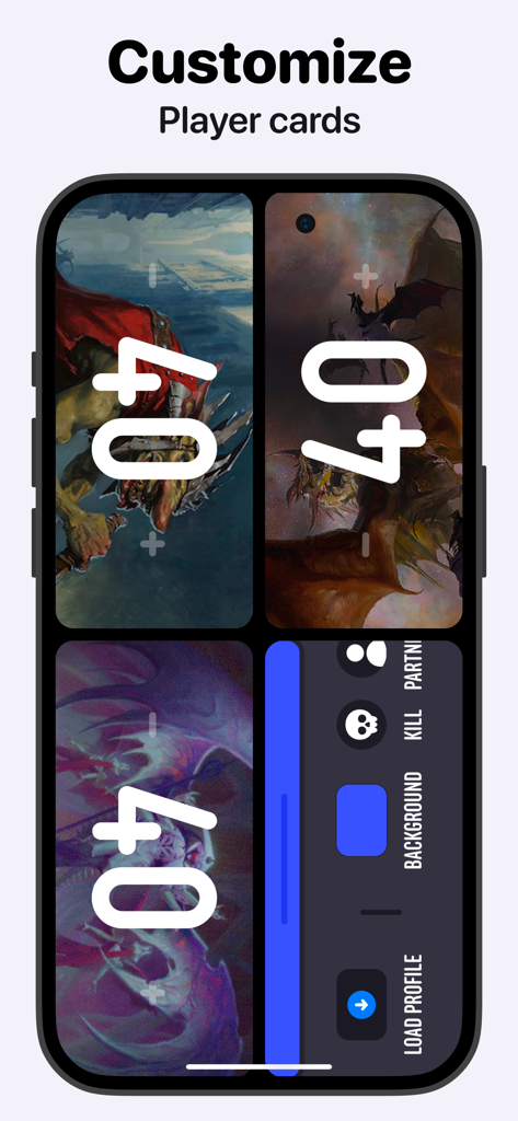Lotus MTG アプリインターフェース。ファンタジーアートとライフ合計が表示されたカスタマイズ可能なプレイヤーカードを表示しています
