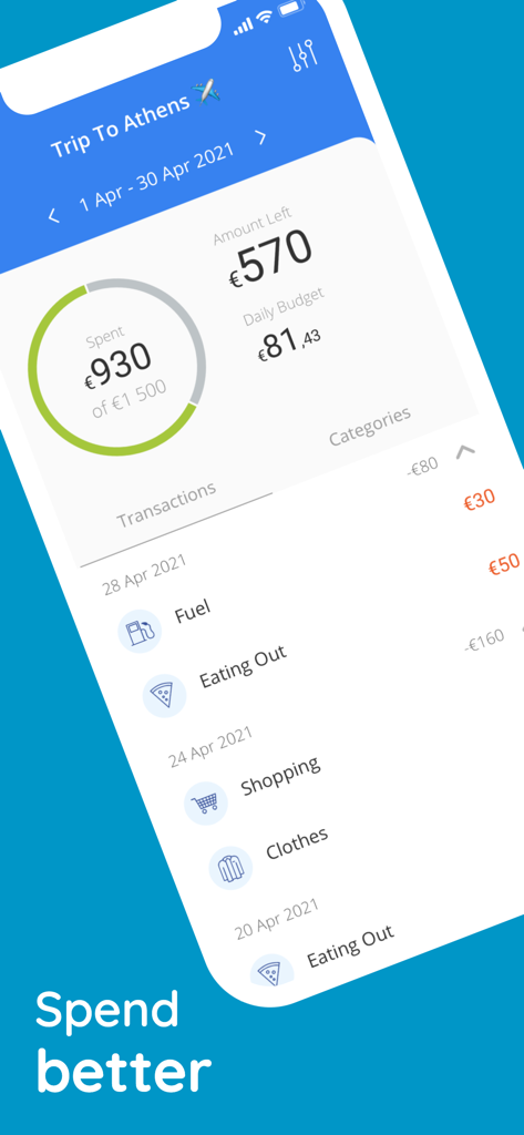 Moneyboard Budget Planner Bill - Moneyboard app interface displaying a travel budget for Athens with categorized expenses and a spending progress ring