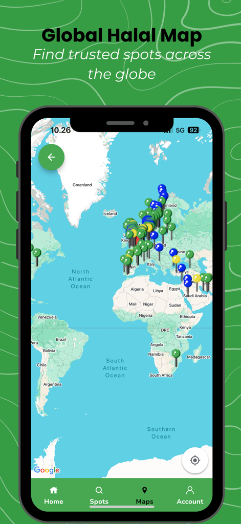 HalalGuide - HalalGuide mobile app showing a world map with pins for halal restaurants and facilities