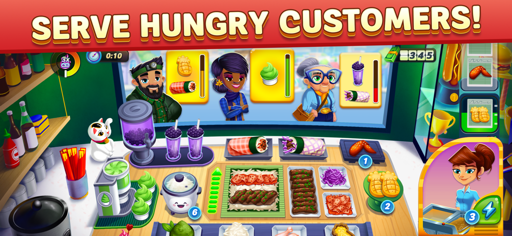 In game screenshot of Diner DASH Adventures showing Flo serving various food orders to a line of hungry customers