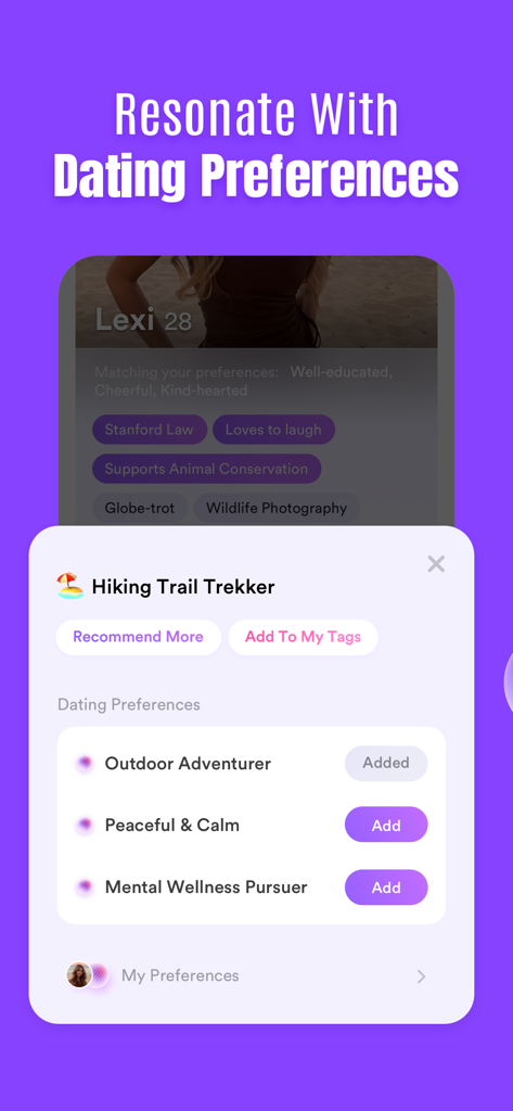 Duet dating app interface showing personalized interest tags and dating preferences screen