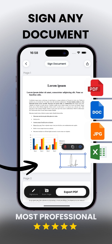 InkSign: Signature Maker - InkSign mobile app interface showing a professional signature being added to a document with support for various file formats