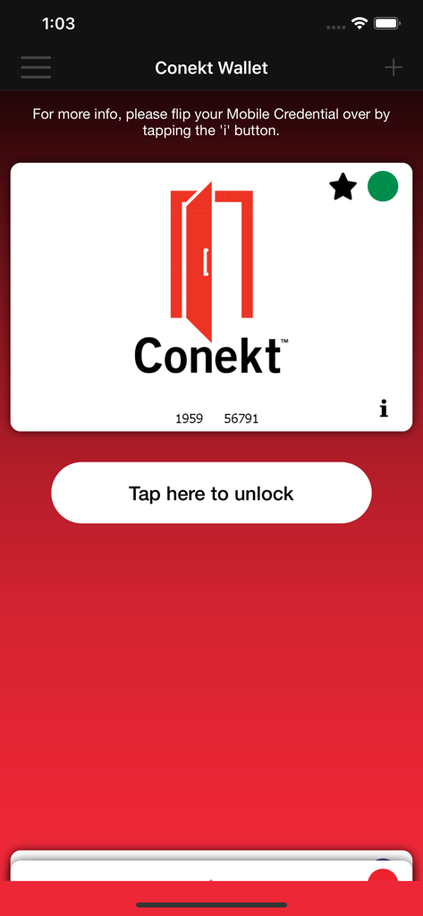 Conekt Wallet App - Conekt Wallet app interface displaying a digital access card and a button to tap for unlocking.