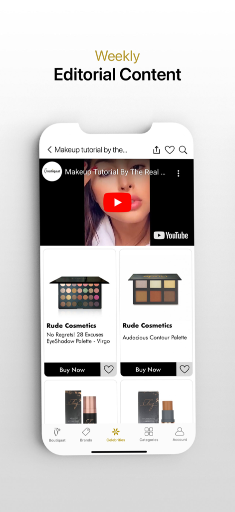 Boutiqaat بوتيكات - 메이크업 튜토리얼 비디오와 아이섀도 및 컨투어 팔레트와 같은 주요 뷰티 제품을 보여주는 Boutiqaat 앱 화면