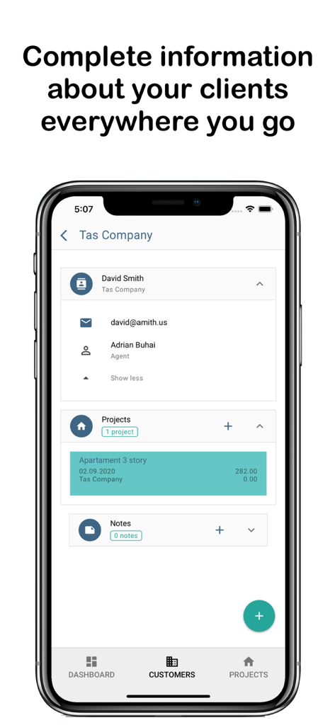 Deviz AR - Mobile interface of Deviz AR showing client contact details and project summaries for construction professionals