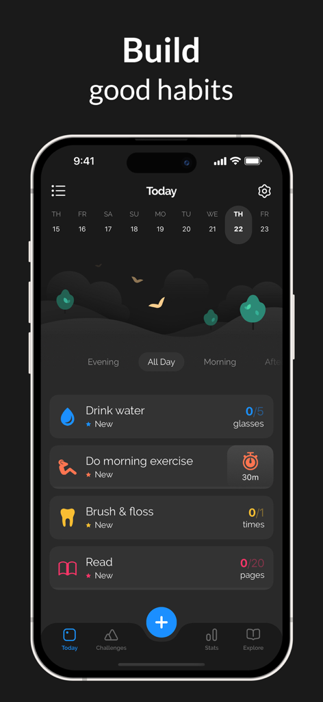 La interfaz de la aplicación Productive que muestra una lista de verificación de hábitos diarios con tareas como beber agua y ejercicio matutino en modo oscuro.