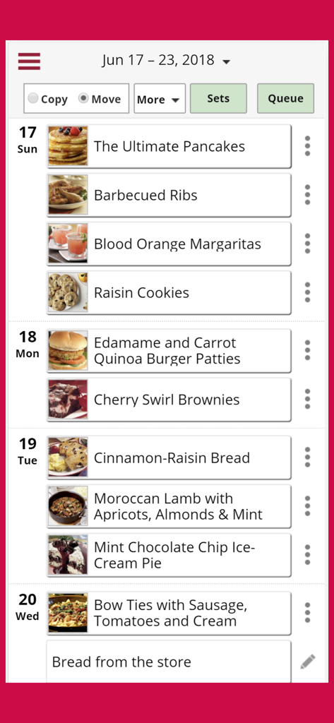 Copy Me That recipe manager - Weekly meal planning interface in the Copy Me That app showing recipes organized by day