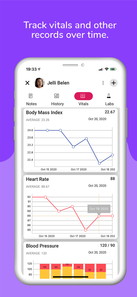 SeriousMD Doctors EMR interface tracking patient vitals with BMI and heart rate graphs