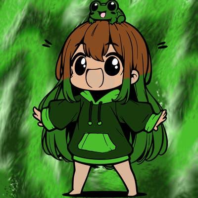 a excited chibi girl whith long hair and a baggy shirt whith a frog on there head