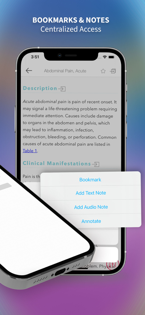 Medical Surgical Nursing Lewis - Interface of the Medical Surgical Nursing app showing options for bookmarks and notes over a clinical description of acute abdominal pain