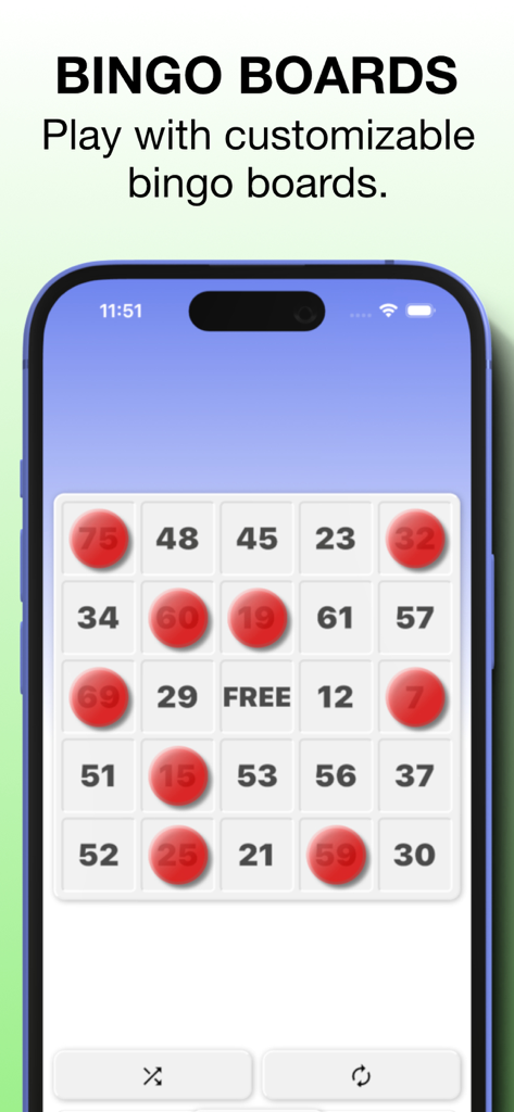 Bingo Go - Caller & Boards - Smartphone screen displaying a customizable bingo board with marked numbers