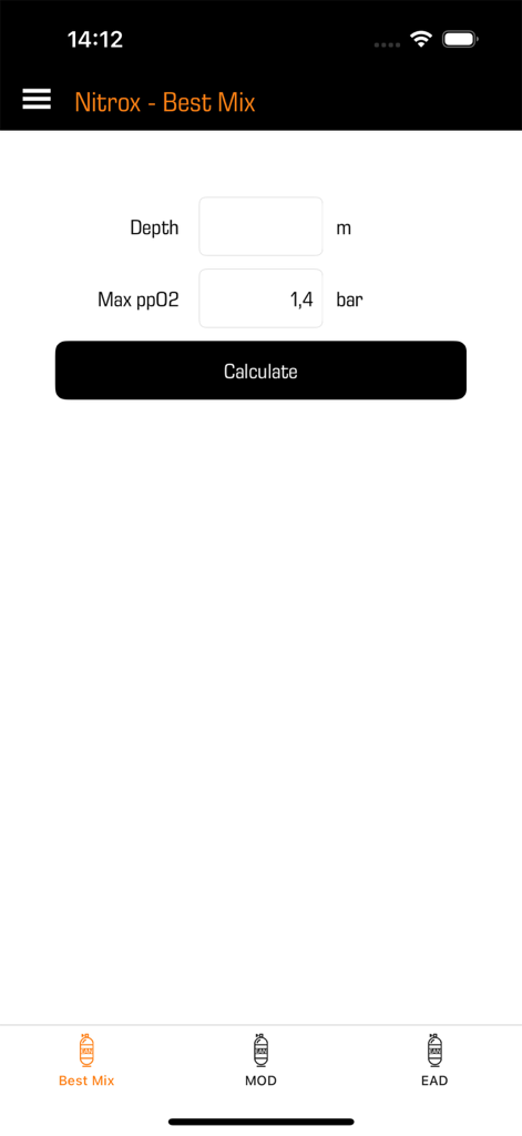 Scuba Gas Calculator - Nitrox best mix calculation screen in the Scuba Gas Calculator app showing depth and oxygen partial pressure inputs