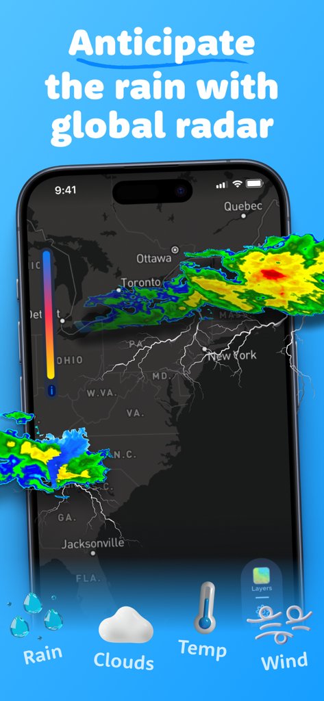 Overdrop - Weather & Widgets - Smartphone screen displaying the Overdrop weather radar with precipitation and storm tracking on a dark map.