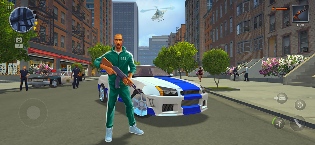 Gangs Town Story: Grand Crime - A character in a green tracksuit holding a rifle next to a sports car in an urban city street.