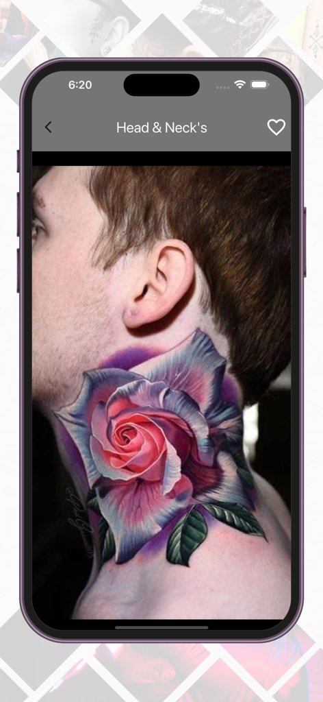 Tattoo Designs - Tattoo Maker - Captura de tela do aplicativo móvel mostrando um design detalhado de tatuagem de rosa no pescoço de uma pessoa na categoria cabeça e pescoço.