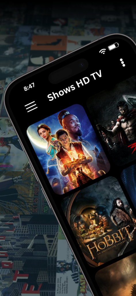 Smartphone screen displaying the Shows HD TV app interface with a grid of movie posters