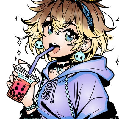 hot baddie anime girl drinking boba and biting the straw
