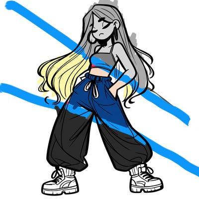 girl in baggy pants crop top and long hair